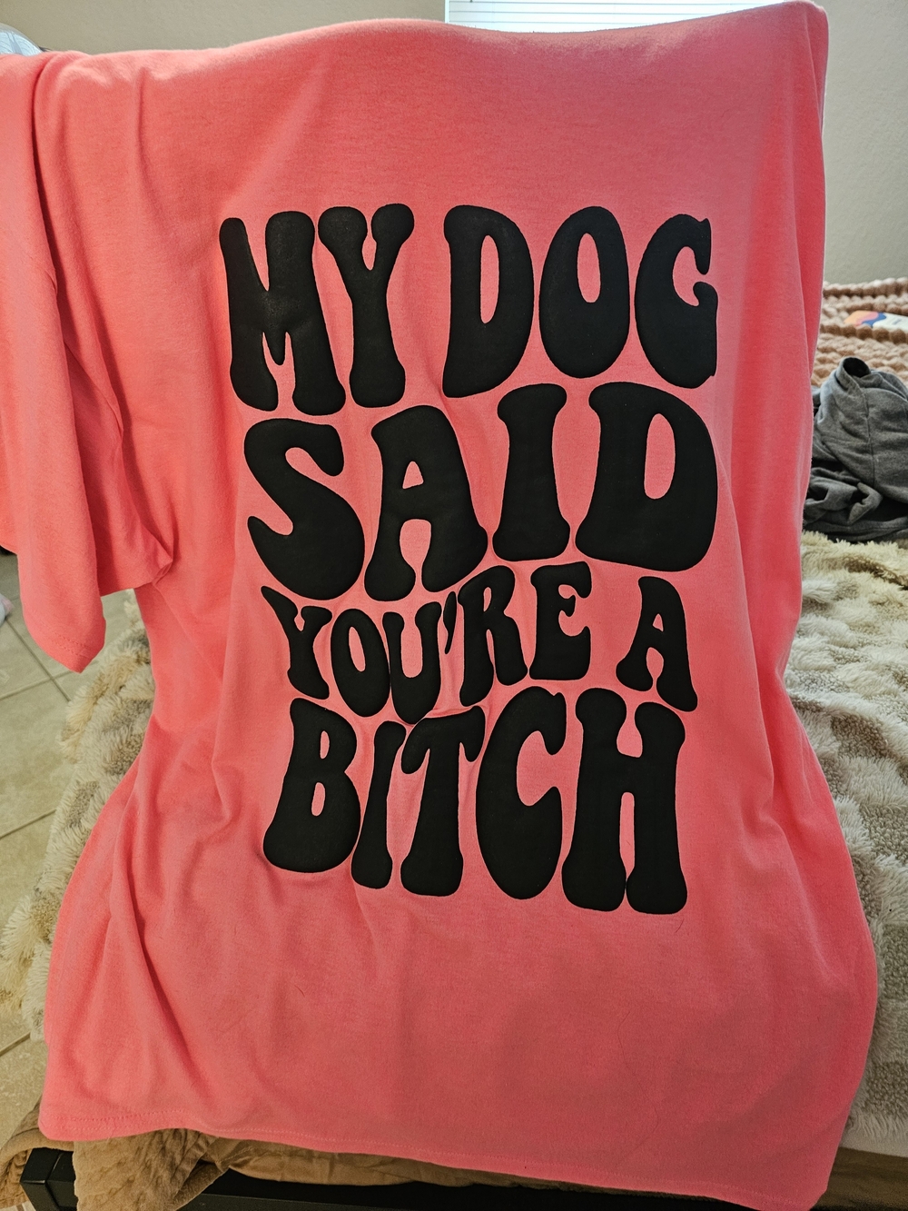Coral Pink Graphic Dog Lover Tee with Bold Black Text